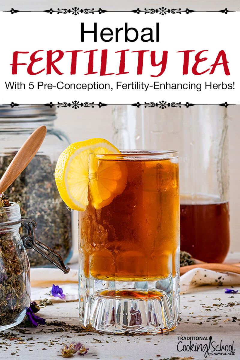 Glass of cold herbal infusion with a lemon slice. Text overlay says: "Herbal Fertility Tea With 5 Pre-Conception, Fertility-Enhancing Herbs!"
