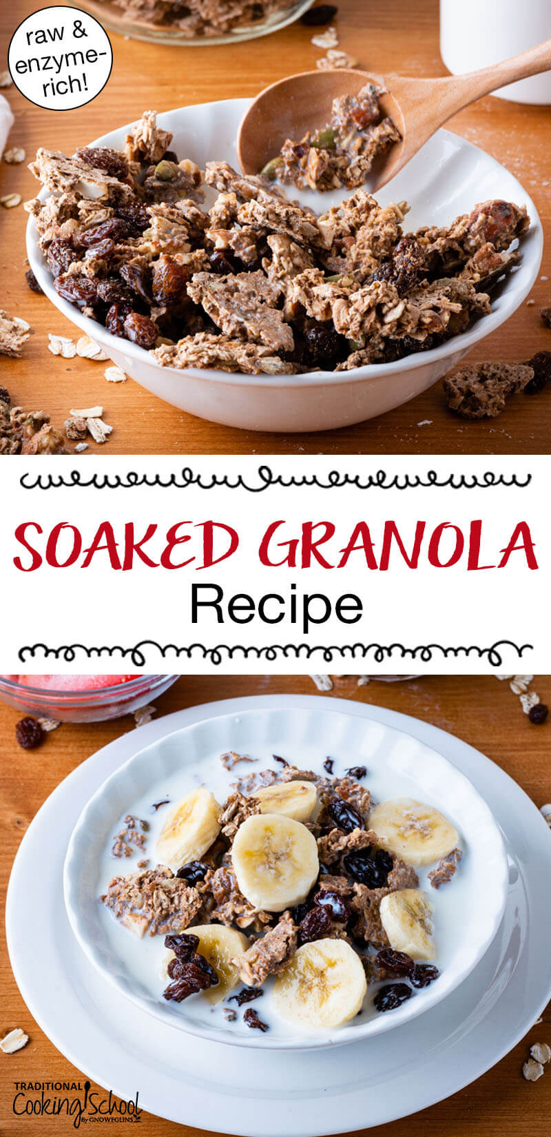 Photo collage of homemade granola, enjoyed plain or topped with banana slices and milk. Text overlay says: "Soaked Granola Recipe (raw & enzyme-rich!!)"