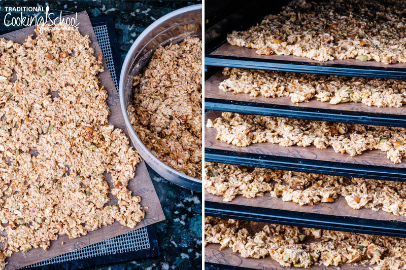 Photo collage of homemade soaked granola spread out on dehydrator trays to dry.