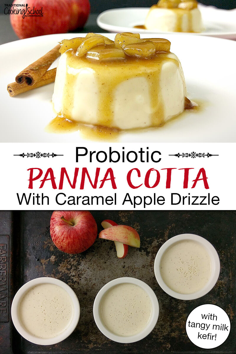 Photo collage of panna cotta, in small ceramic bowls on a tray, and presented on a plate topped with sauteed apple chunks and a caramel sauce. Text overlay says: "Probiotic Panna Cotta With Caramel Apple Drizzle (with tangy milk kefir!)"