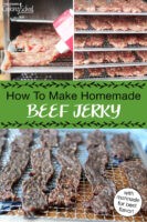 Photo collage of making jerky: jerky gun making strips of raw meat, raw meat strips on dehydrator trays, and finished jerky on dehydrator tray. Text overlay says: "How To Make Homemade Beef Jerky (with marinade for best flavor!)"
