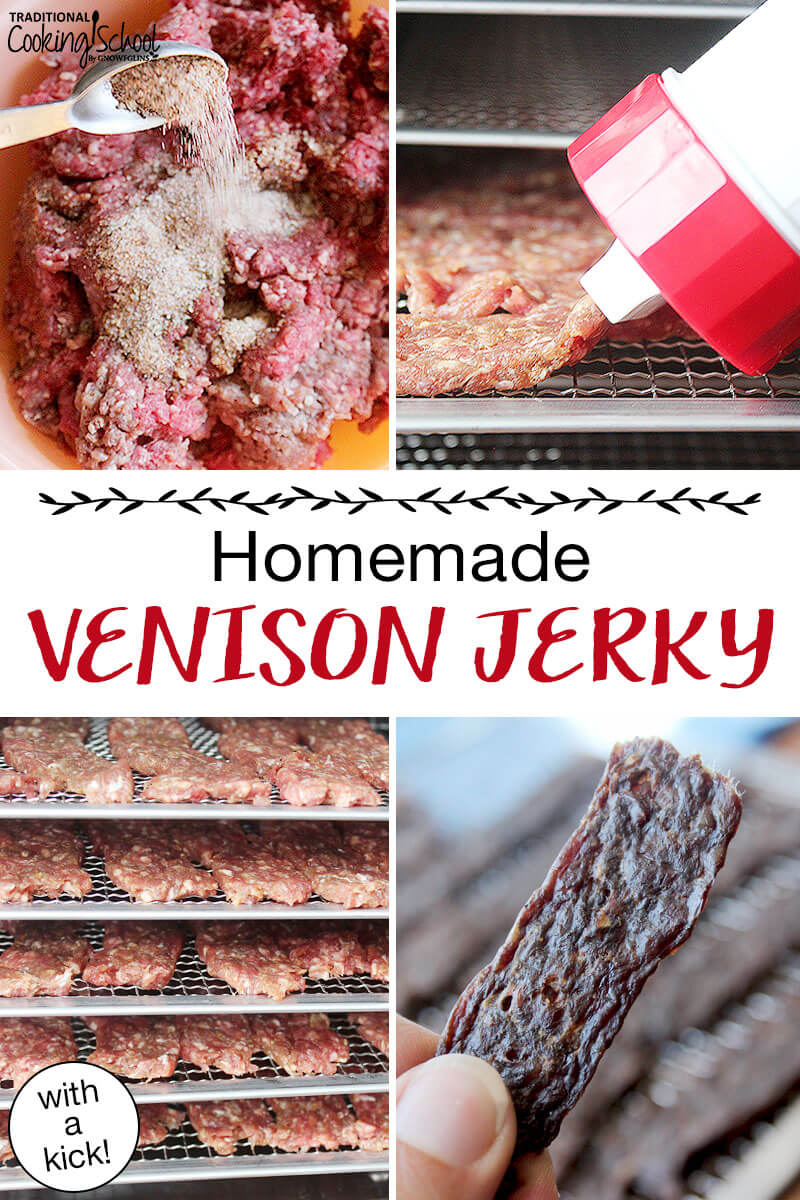 Photo collage of making jerky: sprinkling spices on raw ground meat, jerky gun making strips of raw meat, raw meat strips on dehydrator trays, and finished jerky on dehydrator tray. Text overlay says: "Homemade Venison Jerky (with a kick!)"