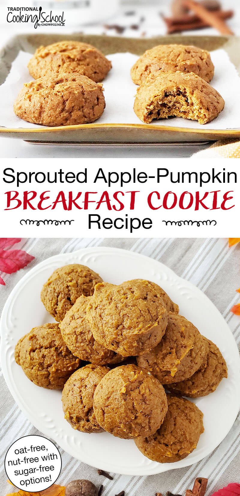Photo collage of cookies on a baking sheet and a plate. Text overlay says: "Sprouted Apple-Pumpkin Breakfast Cookie Recipe (oat-free, nut-free with sugar-free options)"