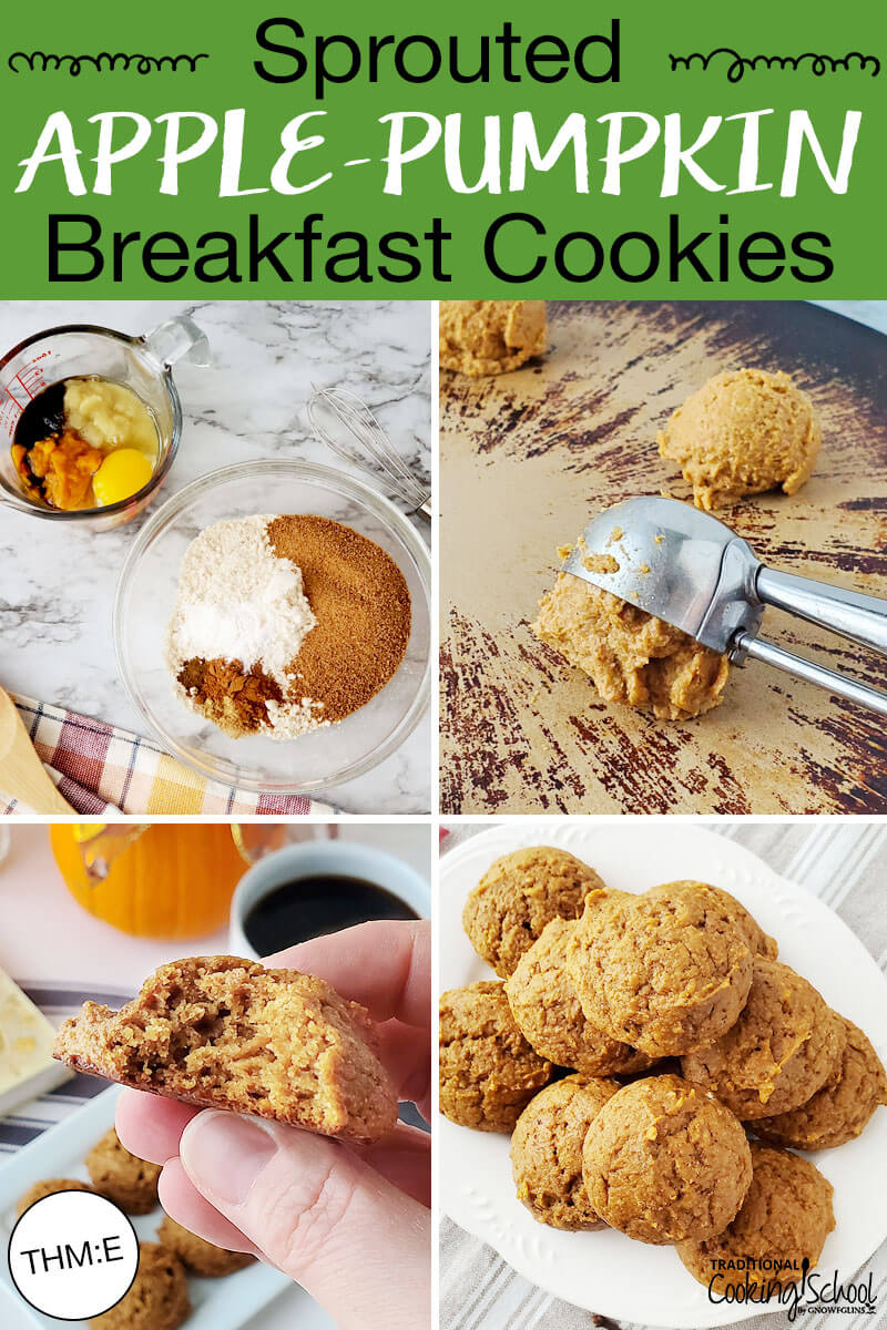 Photo collage of making cookies: dry and wet ingredients in bowls, cookie scoop turning dough out onto tray, a plateful of cookies, and holding half a cookie up to show texture. Text overlay says: "Sprouted Apple-Pumpkin Breakfast Cookies (THM:E)".