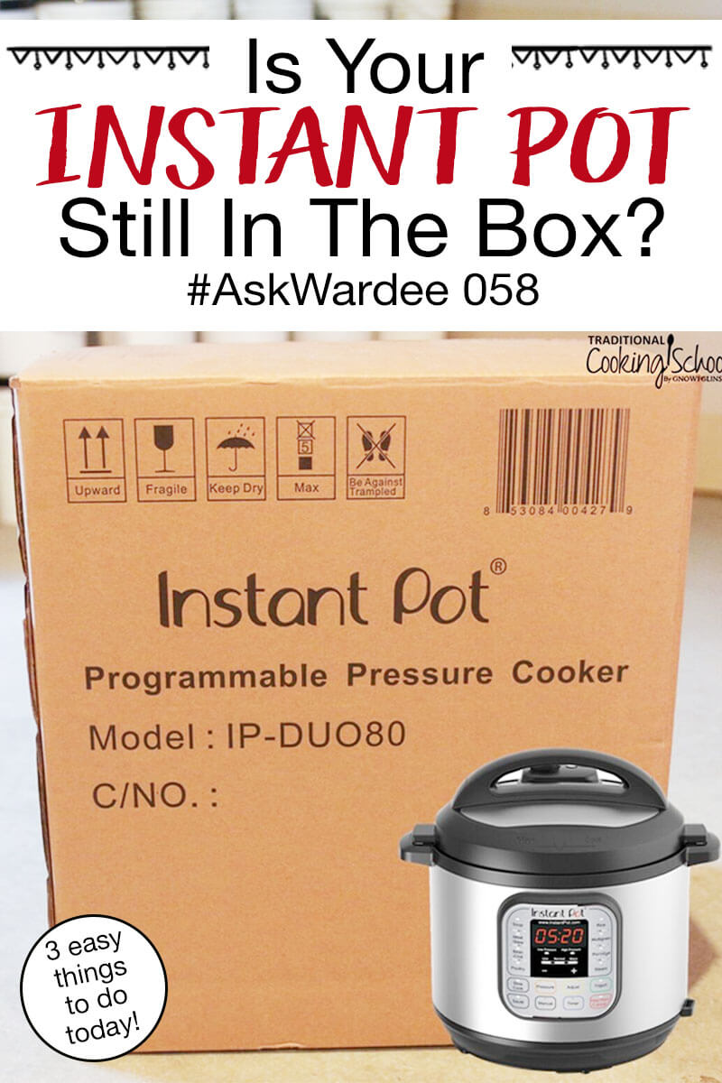 Unopened cardboard box labeled "Instant Pot Programmable Pressure Cooker". Text overlay says, "Is Your Instant Pot Still In The Box? #AskWardee 058 (3 things you can do today!)"