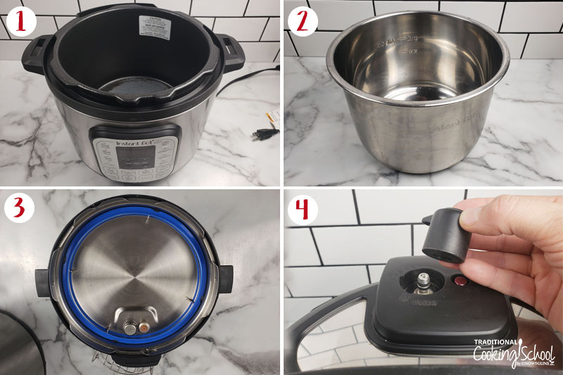Photo collage of learning how to use the Instant Pot: 1) base of the pressure cooker open so the heating element is shown 2) stainless steel insert pot 3) overhead shot of the inside of the lid, including the sealing ring 4) close-up shot of the sealing valve and pressure gauge.
