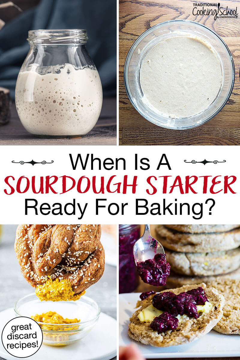 Photo collage of bubbly sourdough starter, bread dough in loaf pans ready to be baked, sourdough pretzels being dipped in mustard, and sourdough English spread with jam and butter. Text overlay says: "When Is A Sourdough Starter Ready For Baking? (great discard recipes!)"