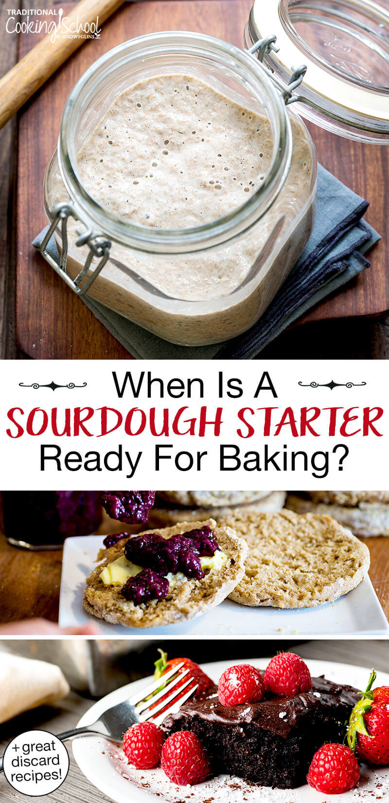 Photo collage of bubbly sourdough starter, sourdough chocolate cake topped with raspberries, and sourdough English spread with jam and butter. Text overlay says: "When Is A Sourdough Starter Ready For Baking? (+great discard recipes!)"