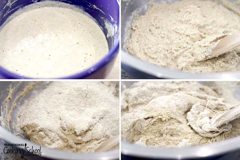Collage of making whole grain sourdough bread: the sourdough starter, mixing the dough, adding more flour, and mixing in the flour.