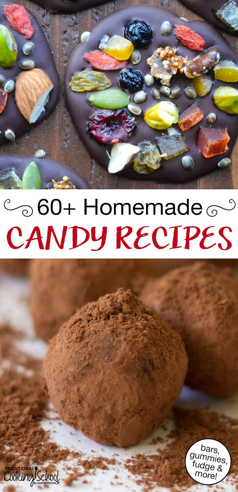 Photo collage of homemade candies including cocoa-dusted truffles. Text overlay says: "60+ Homemade Candy Recipes (bars, gummies, fudge & more!)"