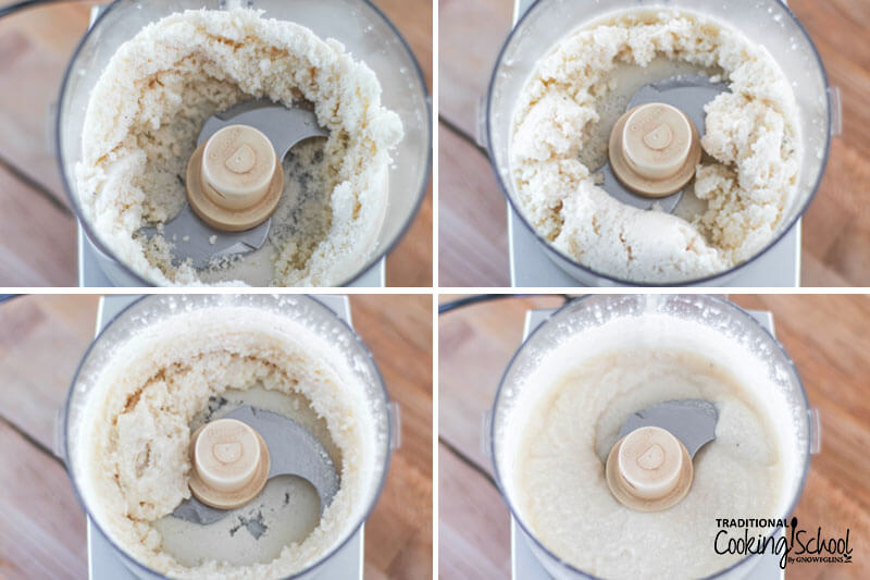 Photo collage of shredded coconut in a food processor and the stages of it turning into coconut butter.