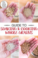 Photo collage of woman's hand holding up handfuls of different grains: rolled oats, quinoa, rice, and spelt. Text overlay says: "Guide To Soaking & Cooking Whole Grains (rice, millet, quinoa, spelt & more!)"