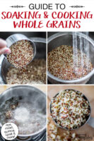 Photo collage of soaking and cooking multi-colored quinoa: 1) pouring quinoa into colander 2) rinsing quinoa 3) simmering quinoa 4) cooked quinoa. Text overlay says: "Guide To Soaking & Cooking Whole Grains (rice, millet, quinoa, spelt & more!)"