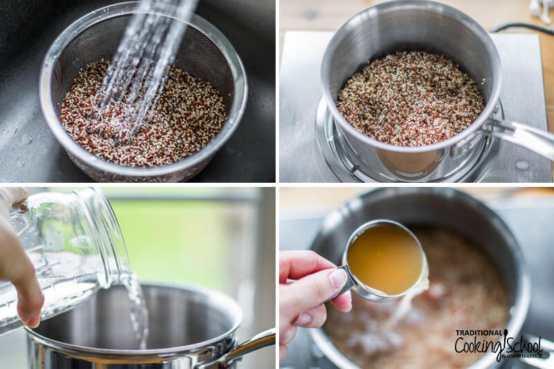 Photo collage of soaking quinoa: 1) rinsing quinoa in a stainless steel colander, rinsed and drained quinoa in a pot on the stove-top, pouring water into pot, and adding raw apple cider vinegar to pot.
