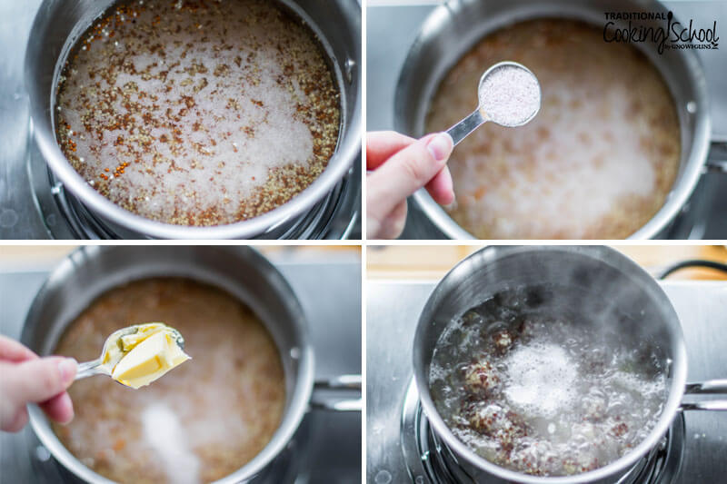 Photo collage of cooking soaked quinoa: 1) Quinoa after soaking overnight, with a bubbly surface 2) adding salt to pot 3) adding butter to pot 4) simmering quinoa.