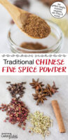 Photo collage of whole spices (Szechuan peppercorns, cloves, star anise, fennel seed, and a cinnamon stick) and the spices ground into powder. Text overlay says: "Traditional Chinese Five Spice POwder (for grilled meats, roasted veggies, stir-fries & more!)"