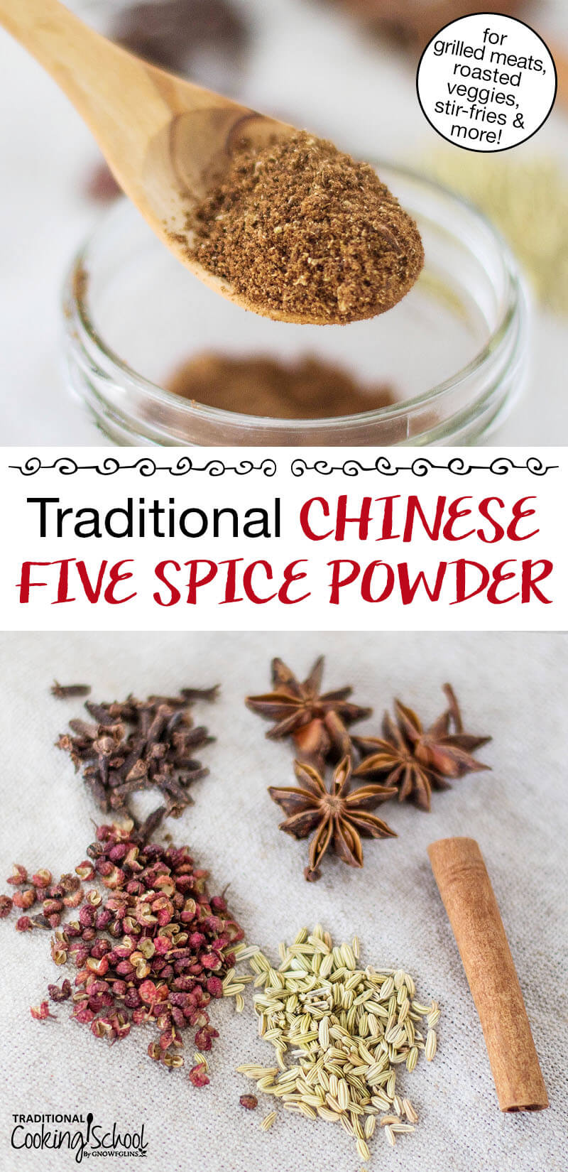 Photo collage of whole spices (Szechuan peppercorns, cloves, star anise, fennel seed, and a cinnamon stick) and the spices ground into powder. Text overlay says: "Traditional Chinese Five Spice POwder (for grilled meats, roasted veggies, stir-fries & more!)"