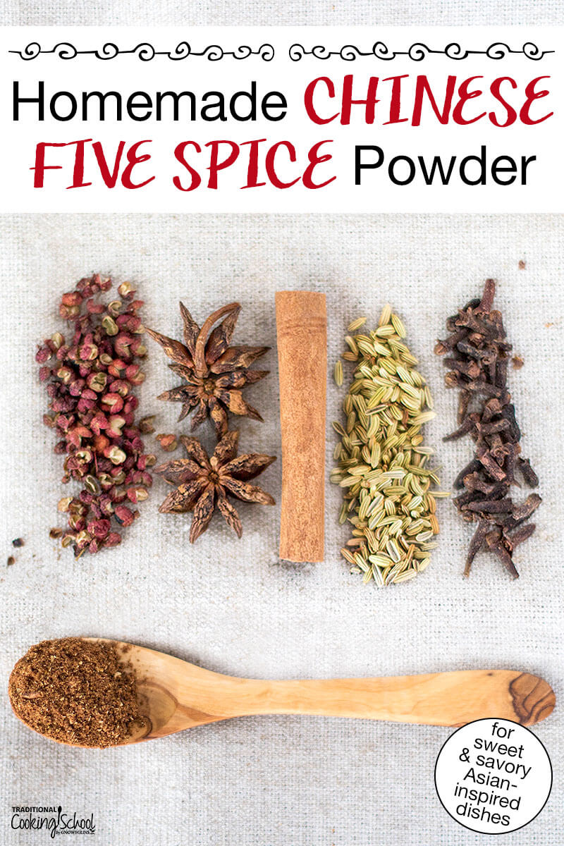 Szechuan peppercorns, cloves, star anise, fennel seed, and a cinnamon stick spread on a cloth with a spoonful of the ground spices nearby. Text overlay says: "Homemade Chinese Five Spice Powder (for sweet & savory Asian-inspired dishes!)"