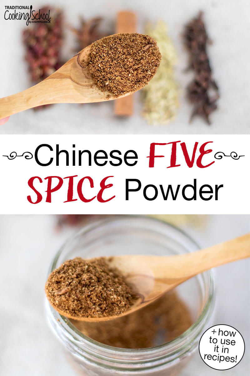 Photo collage of a close-up shot of a spoonful of spice mix. Text overlay says: "Chinese Five Spice Powder (+how to use it in recipes!)"