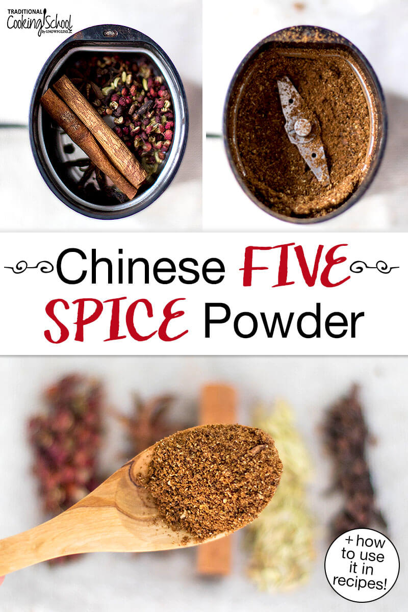 Photo collage making homemade Chinese five spice in a spice grinder, and a spoonful of the finished spice mix. Text overlay says: "Chinese Five Spice Powder (+how to use it in recipes!)"