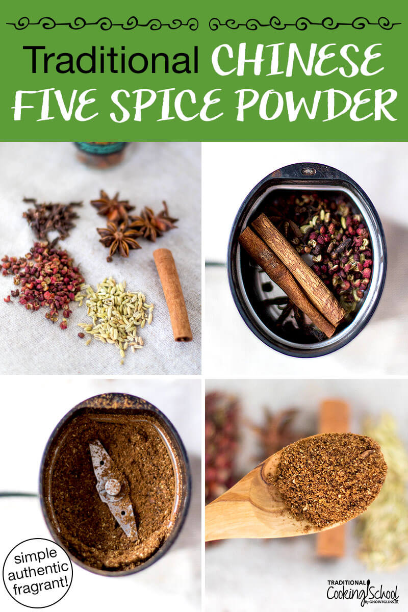 Photo collage of making homemade Chinese five spice: the whole spices, whole spices in a spice grinder, ground spices in a spice grinder, and a spoonful of the spice mix. Text overlay says: "Traditional Chinese Five Spice Powder (simple authentic fragrant)"