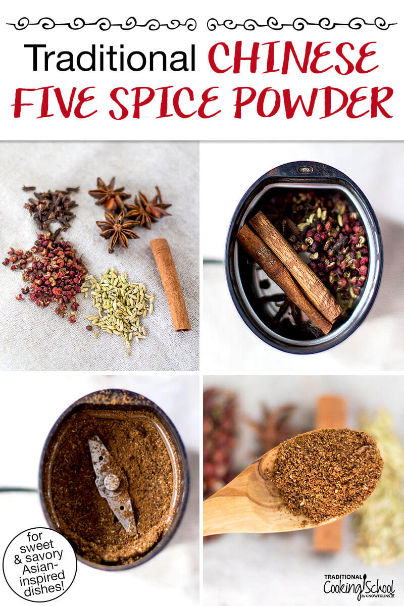 Photo collage of making homemade Chinese five spice: the whole spices, whole spices in a spice grinder, ground spices in a spice grinder, and a spoonful of the spice mix. Text overlay says: "Traditional Chinese Five Spice Powder (for sweet & savory Asian-inspired dishes!)"