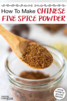 Close-up shot of a spoonful of spice mix. Text overlay says: "How To Make Chinese Five Spice Powder (using whole or ground spices!)"