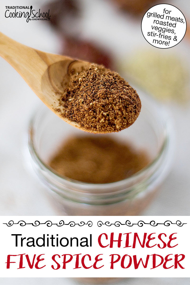Close-up shot of a spoonful of spice mix. Text overlay says: "Traditional Chinese Five Spice POwder (for grilled meats, roasted veggies, stir-fries & more!)"