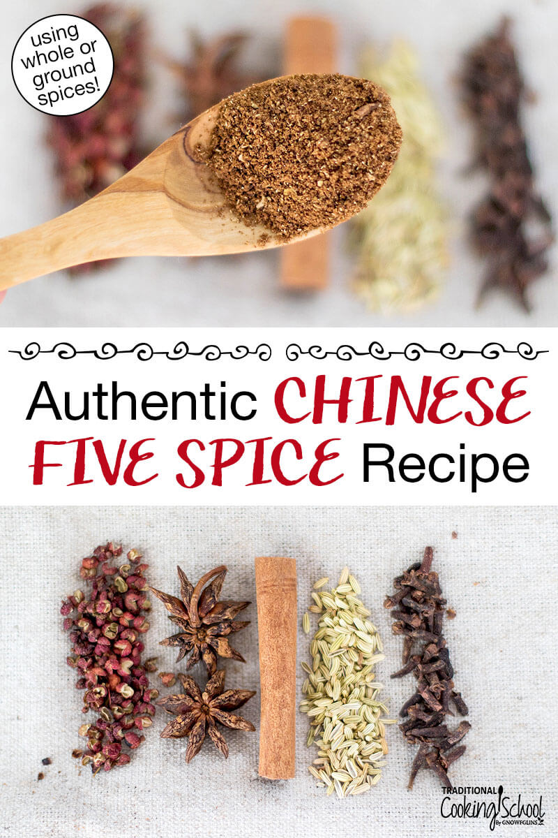 Photo collage of whole spices (Szechuan peppercorns, star anise, cinnamon stick, fennel seed, whole cloves) and a close-up shot of a spoonful of spice mix. Text overlay says: "Authentic Chinese Five Spice Recipe (using whole or ground spices)"