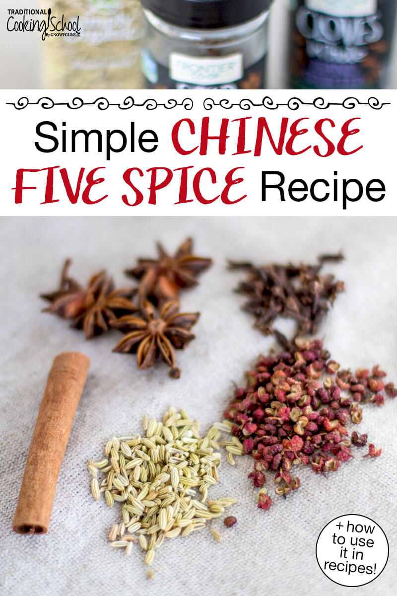 Szechuan peppercorns, star anise, cinnamon stick, fennel seed, whole cloves spread out on a cloth. Text overlay says: "Simple Chinese Five Spice Recipe (+how to use it in recipes)"