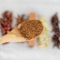 Close-up shot of a spoonful of Chinese five spice mix.
