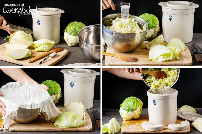 4-photo collage of making sauerkraut: 1) chopping cabbage 2) adding sea salt to a bowl of cabbage 3) covering bowl of cabbage with cheesecloth 4) transferring juicy cabbage into a stoneware crock