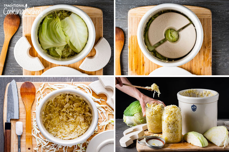 4-photo collage of making sauerkraut: 1) sauerkraut in a stoneware crock covered with cabbage leaves 2) fermenting weights placed on fermenting sauerkraut in a crock 3) finished sauerkraut in a crock 4) spooning finished kraut out of the crock and into jars.