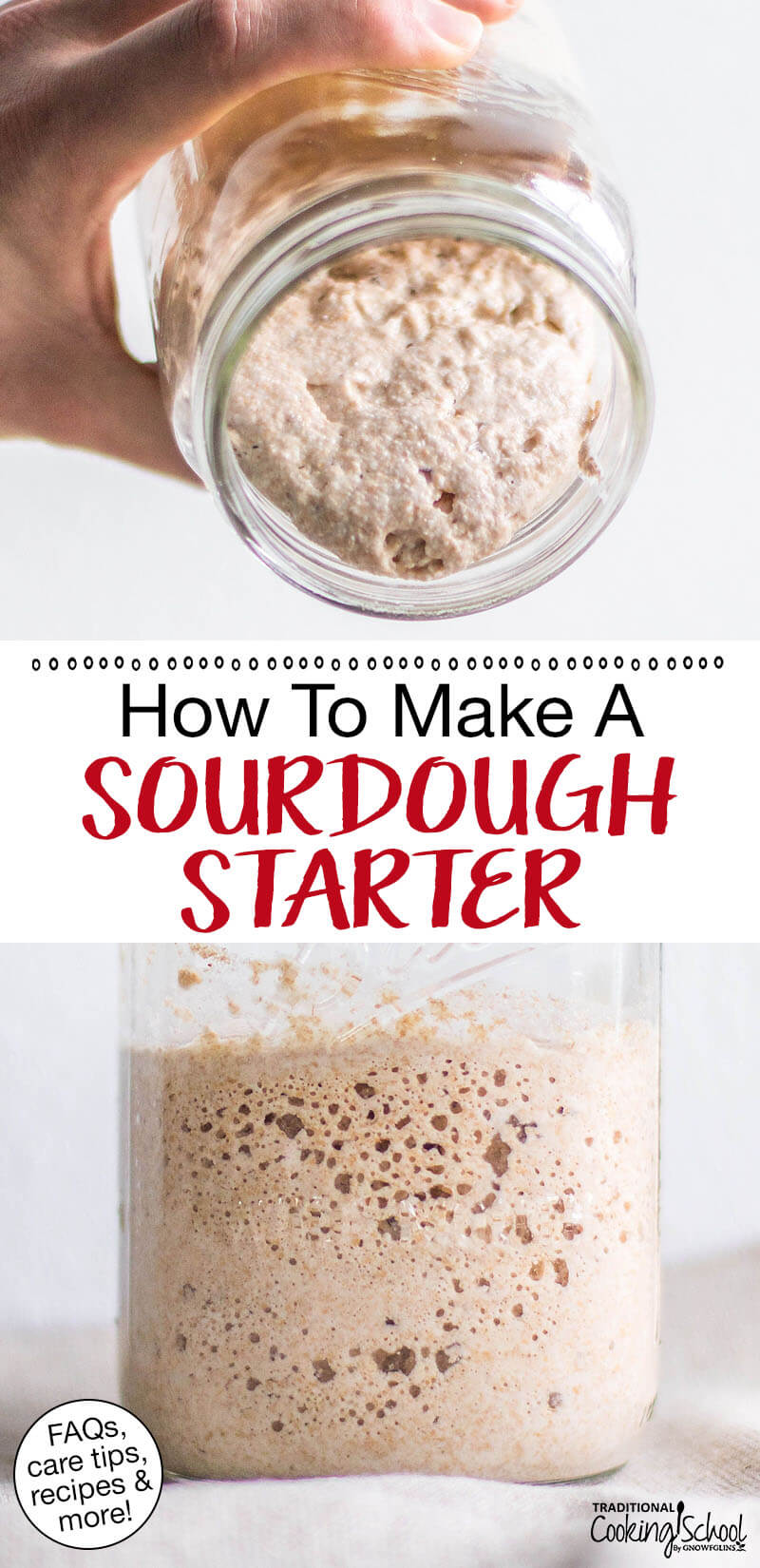 Photo collage of bubbly sourdough starter. Text overlay says: "How To Make A Sourdough Starter (FAQs, care tips, recipes & more!)"