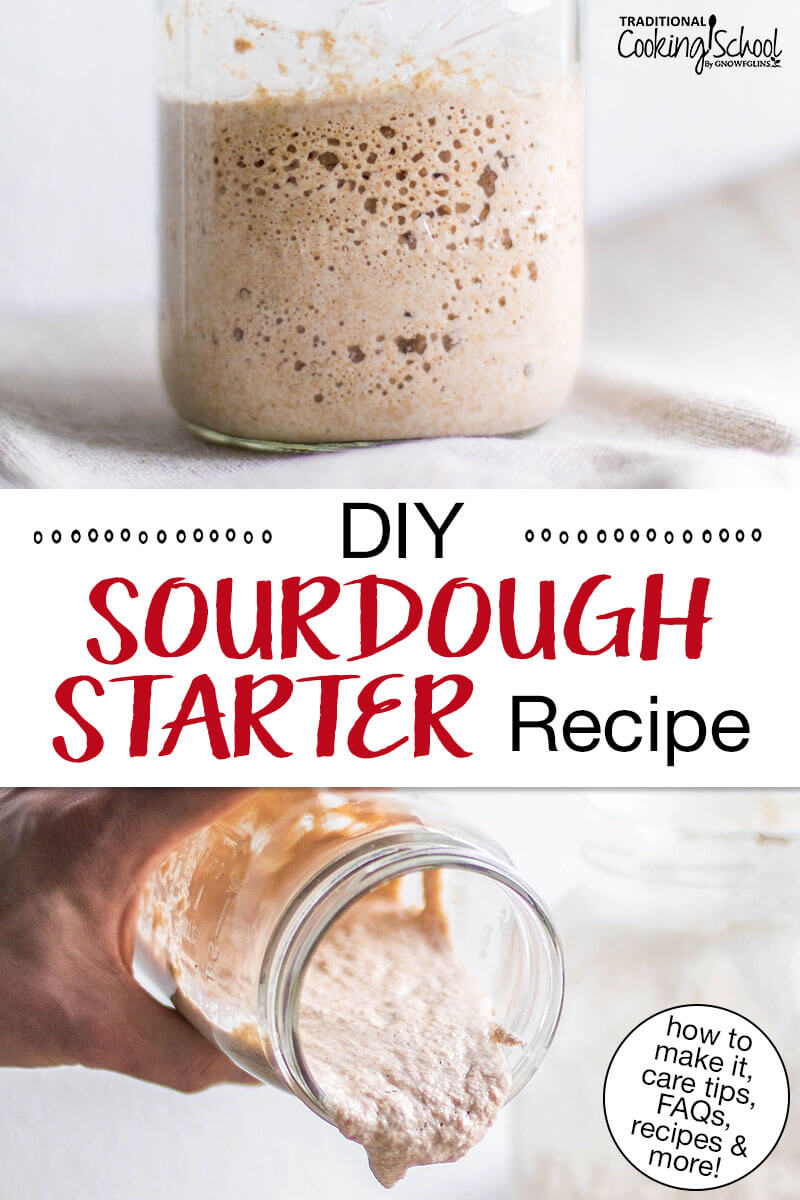 Photo collage of bubbly sourdough starter in a glass jar. Text overlay says: "DIY Sourdough Starter Recipe (how to make it, care tips, FAQs, recipes & more!)"