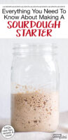 Bubbly sourdough starter in a glass jar. Text overlay says: "Everything You Need To Know About Making A Sourdough Starter (FAQs, care tips, recipes & more!)"