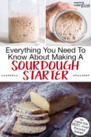 Photo collage of bubbly sourdough starter in a glass jar and a fluffy loaf of sourdough bread. Text overlay says: "Everything You Need To Know About Making A Sourdough Starter (to make the BEST, most flavorful bread!)"