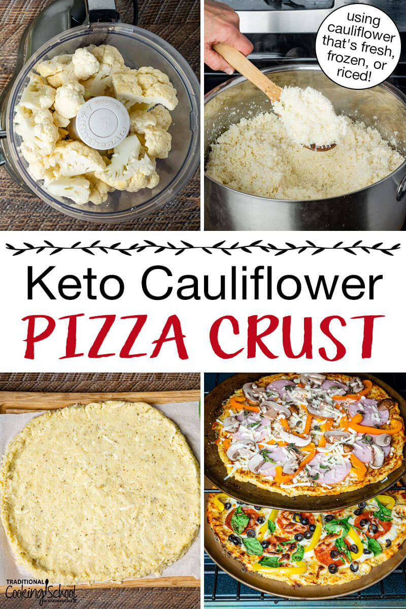 Photo collage of making cauliflower pizza: 1) ricing cauliflower florets 2) Cooking riced cauliflower 3) Pizza "dough" spread out on parchment paper 4) Pizzas topped with veggies, cheese, and meats baking in the oven. Text overlay says: "Keto Cauliflower Pizza Crust (using cauliflower that's fresh, frozen, or riced!)"