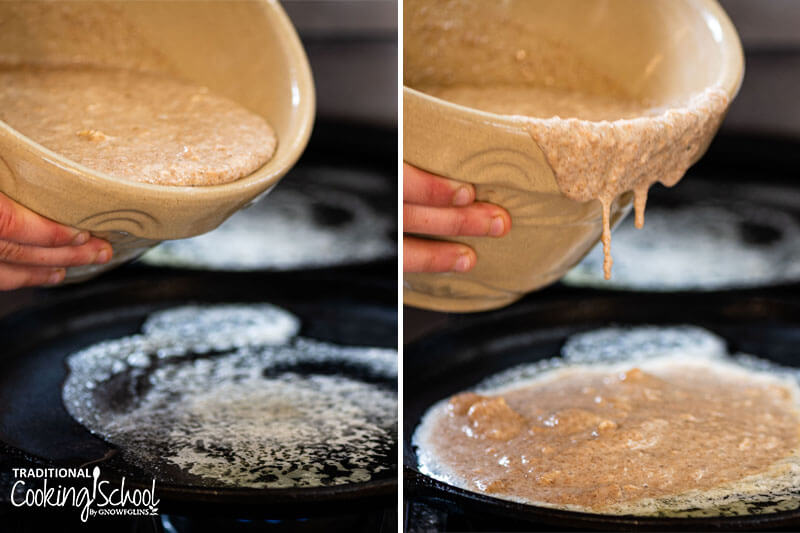 2-photo collage of pouring sourdough pancake batter onto a skillet.