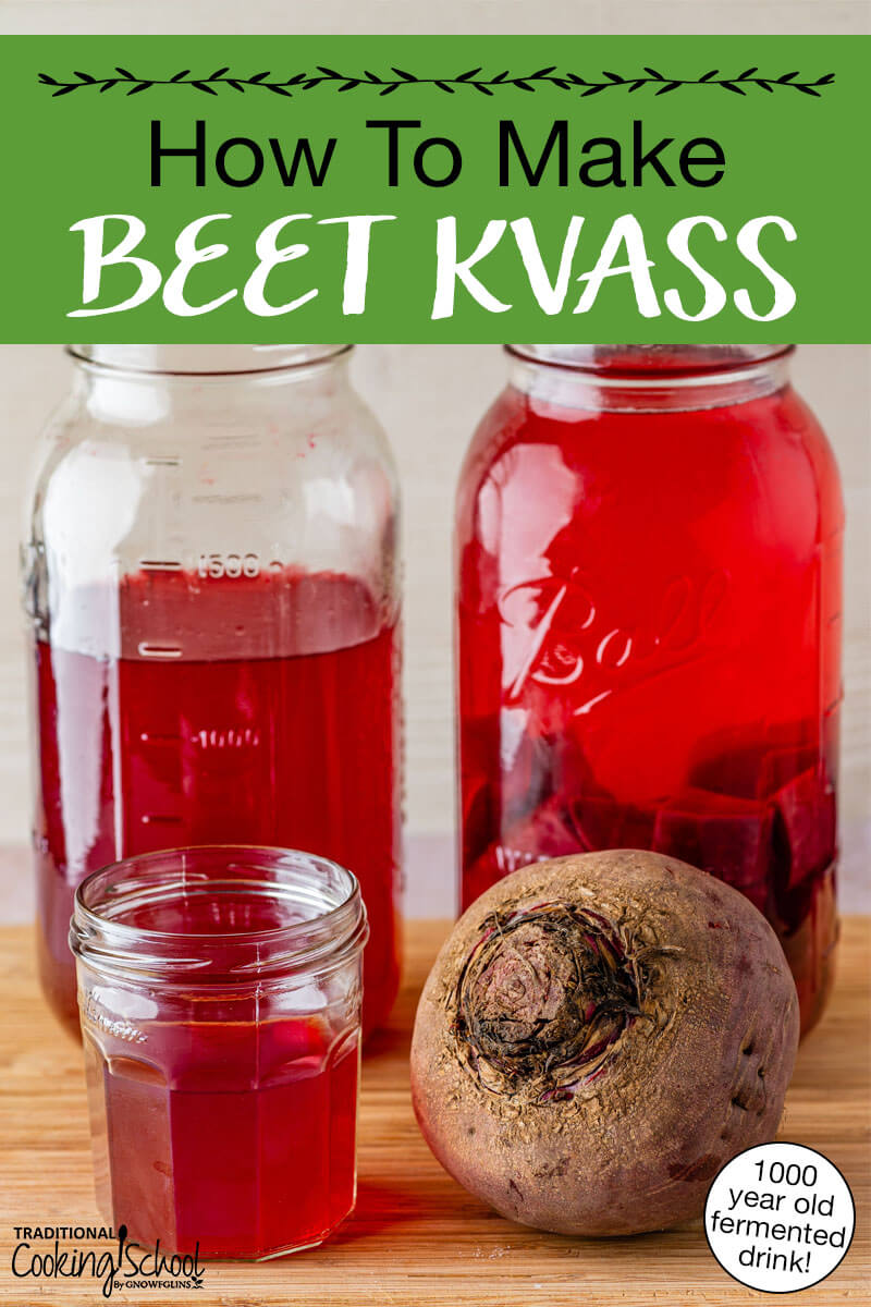 Whole beet next to a small jar of finished beet kvass ready for drinking. Two half gallon jars of beet kvass are in the background. Text overlay says: "How To Make Beet Kvass (1000 year old fermented drink)"