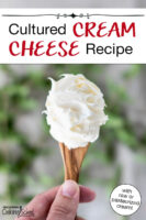 Spoonful of cream cheese. Text overlay says: "Cultured Cream Cheese Recipe (with raw or pasteurized cream)"
