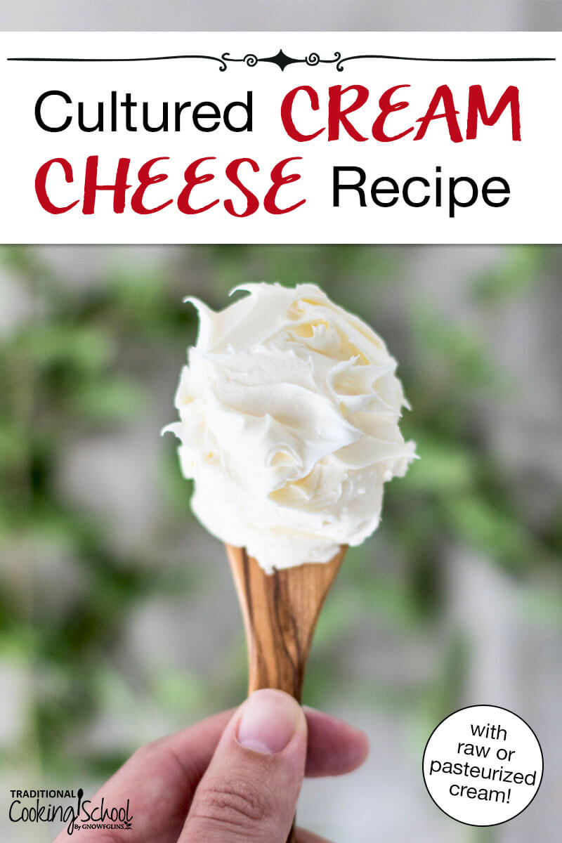 Spoonful of cream cheese. Text overlay says: "Cultured Cream Cheese Recipe (with raw or pasteurized cream)"