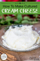 Homemade cream cheese on a small dish. Text overlay says: "How To Make Cultured Cream Cheese (mild probiotic smooth)"