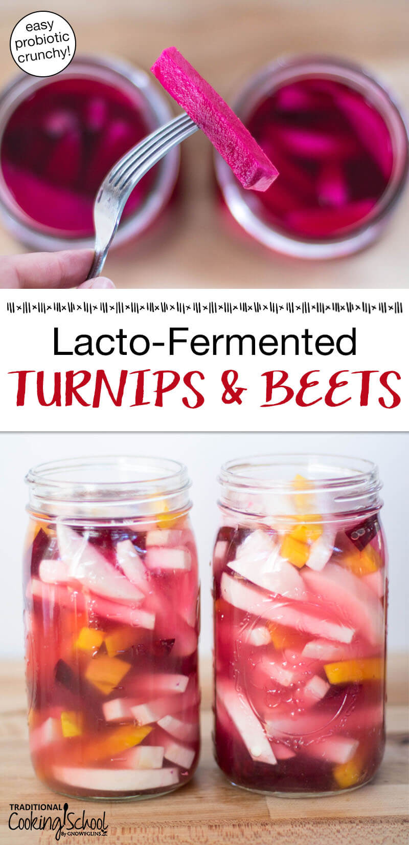 Photo collage of turnips, beets, and golden beets in quart-sized glass jars filled with brine, ready to be fermented, and a close-up shot of a pickled beet slice after fermenting. Text overlay says: "Lacto-Fermented Turnips & Beets (easy probiotic crunchy!)"