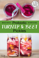Photo collage of turnips, beets, and golden beets in quart-sized glass jars filled with brine, ready to be fermented, and a close-up shot of a pickled beet slice after fermenting. Text overlay says: "Probiotic Turnip & Beet Pickles (+tips for extra crunchy pickles!)"