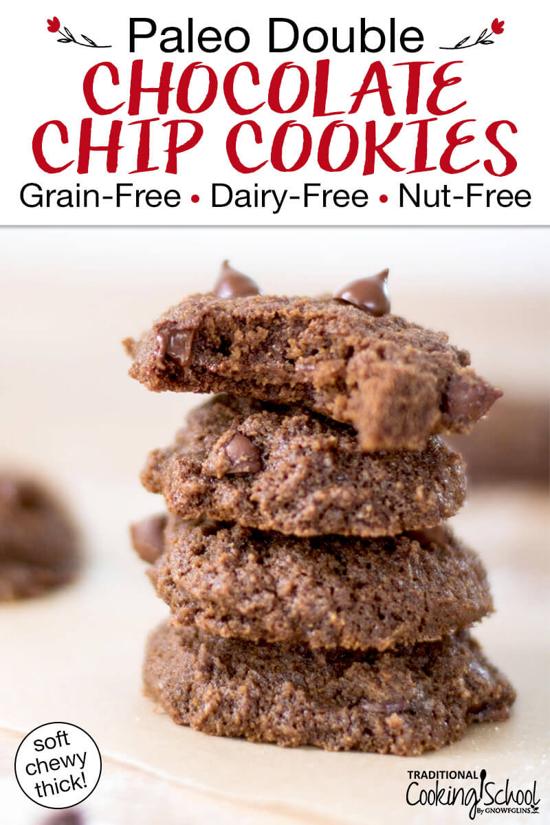 Double chocolate chip cookies in a stack. The top cookie has a bite taken out of it. Text overlay says: "Paleo Double Chocolate Chip Cookies: Grain-Free Dairy-Free Nut-Free (soft chewy thick!)"