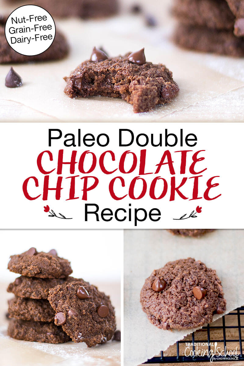 Photo collage of chocolate cookies: a cookie on a cooling rack, a cookie with a bite taken out of it, and a stack of cookies. Text overlay says: "Paleo Double Chocolate Chip Cookie Recipe: Grain-Free Dairy-Free Nut-Free"