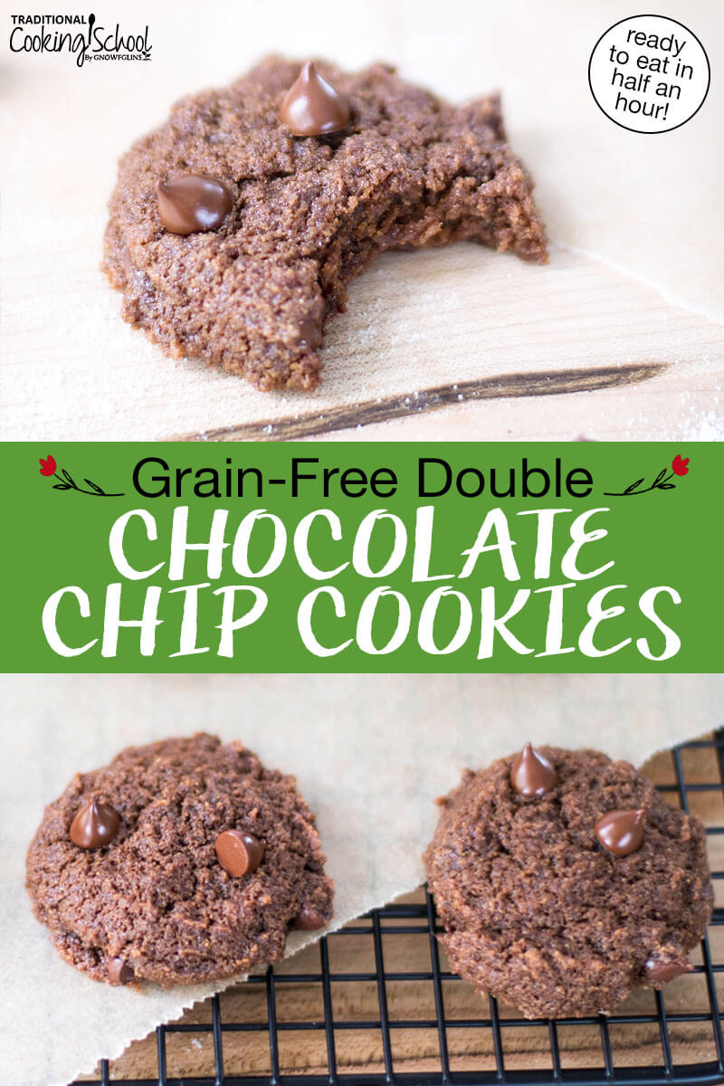 Photo collage of chocolate cookies: two cookies on a cooling rack and a cookie with a bite taken out of it. Text overlay says: "Grain-Free Double Chocolate Chip Cookies (ready to eat in half an hour!)"