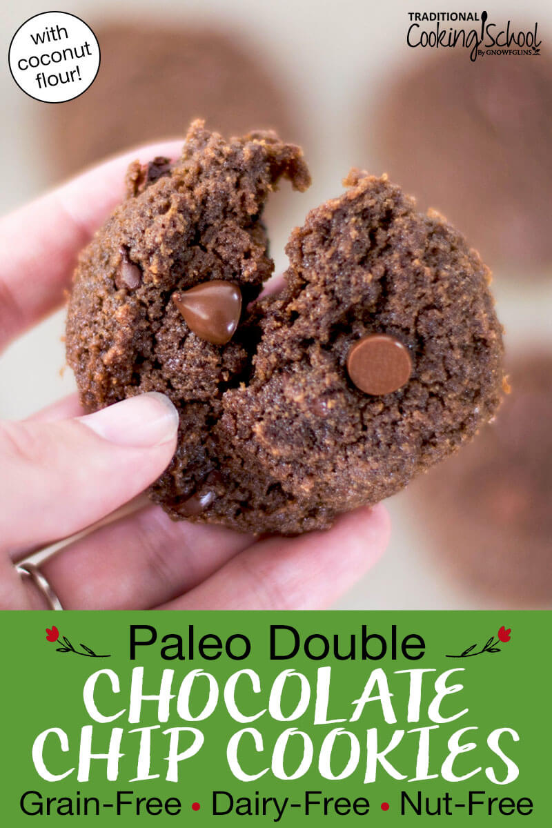 Close-up shot of a chocolate cookie broken in two to show the soft texture. Text overlay says: "Paleo Double Chocolate Chip Cookies: Grain-Free Dairy-Free Nut-Free (with coconut flour)"