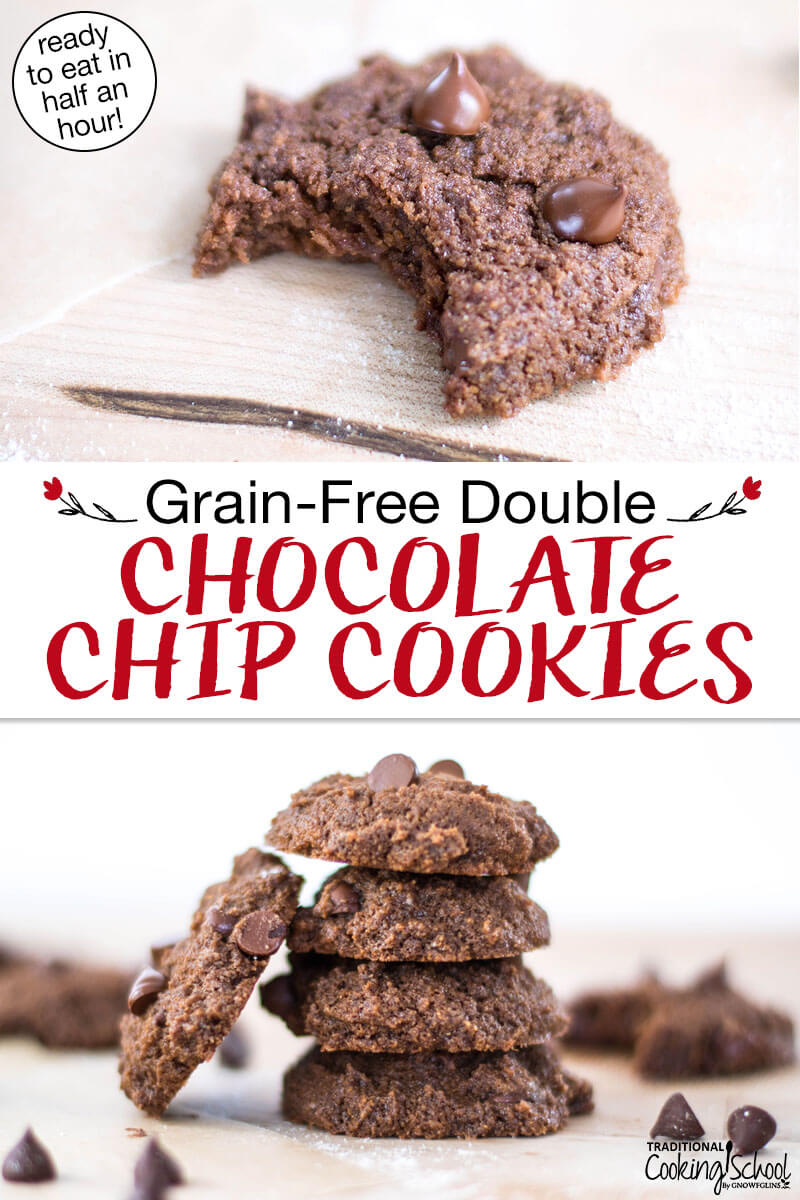 Photo collage of chocolate cookies in a stack and with a bite taken out of one. Text overlay says: "Grain-Free Double Chocolate Chip Cookies (ready to eat in half an hour!)"